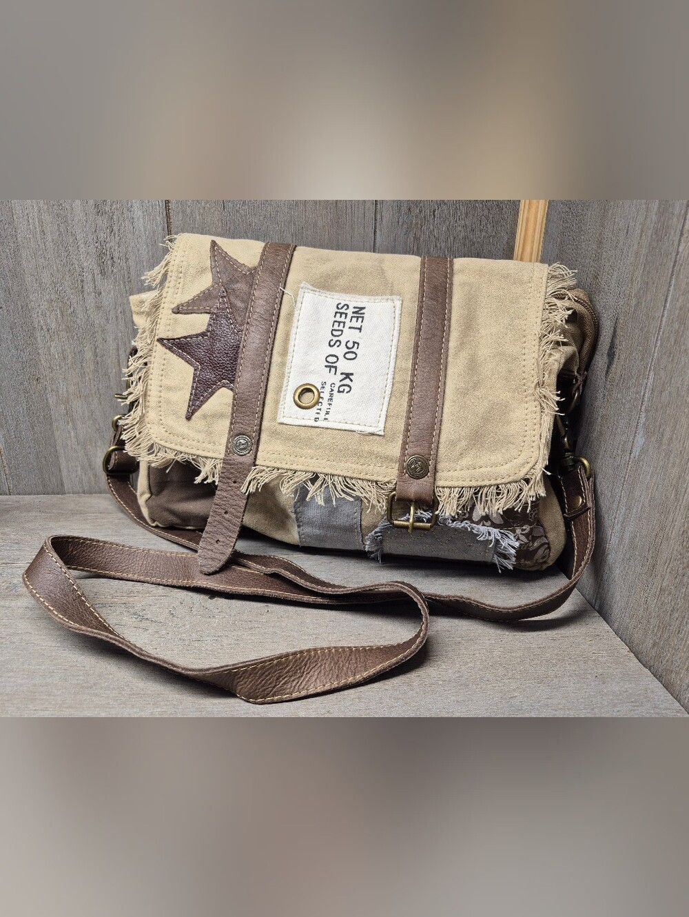 Myra Messenger Bag w/Star Detail & "Seeds of" Print Canvas/Leather Shoulder Bag